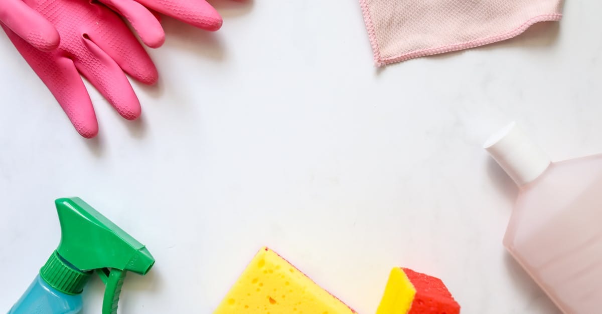 A flat lay of assorted cleaning supplies, perfect for housekeeping themes.